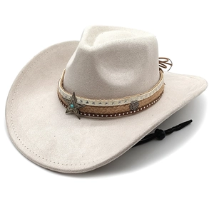 Detail of beige suede western cowboy hat with pentagram buckle and adjustable chin strap