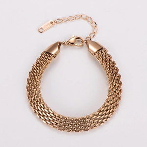 Detail of rose gold 18KGP woven mesh bracelet with adjustable lobster clasp closure