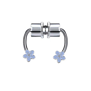 Close-up of magnetic faux nose ring with light blue floral ends and crystal accents