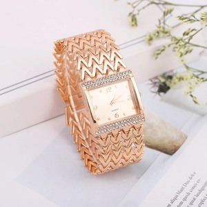 Women's gold square quartz bracelet watch with rhinestone bezel and multi-layer chain strap
