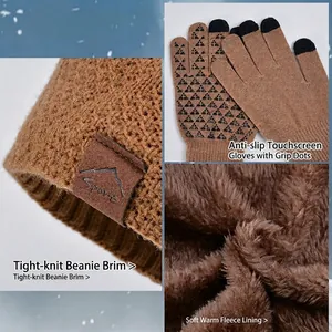 Winter set with knitted beanie and touchscreen gloves featuring warm fleece lining