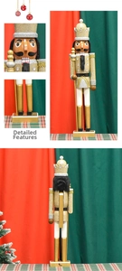 Detailed close-up and panoramic views of a gold wooden Nutcracker with royal scepter