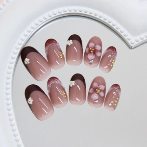 3D French floral press-on nails with red-brown gradient and white lily daisy accents
