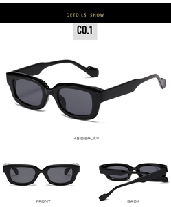 Multi-angle details of square frame sunglasses with thick black frames and dark lenses