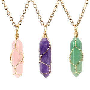 Natural Stone Hexagonal Column Pendant Necklace Handmade Copper Wire Wrapped Crystal Point Healing Bohemian Jewelry For Women
