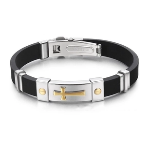 Men's black silicone bracelet with stainless steel gold cross plate on white background