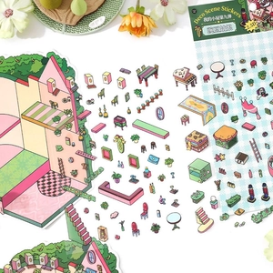 2.5D architectural house scene stickers with furniture and plants for DIY journals