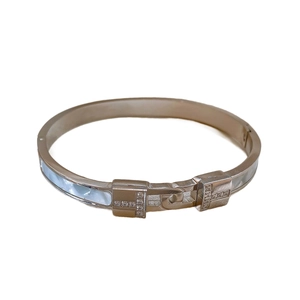Gold-plated titanium steel T-shape bangle with white mother of pearl and zircon stones