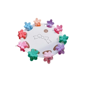 Set of 10 colorful matte flower hair clips for girls displayed on a round white card