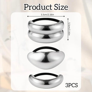 Detailed dimensions of 3 silver metal hair rings featuring heart and circular shapes