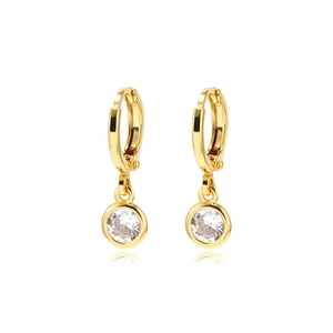 Elegant gold hoop earrings featuring a sparkling circular cubic zirconia pendant drop