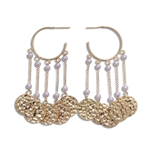 Gold round hoop earrings with purple pearl tassels and hammered texture metal discs