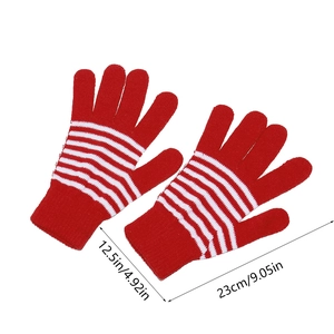 Detailed view of red and white striped knit gloves with size dimensions in cm and inches