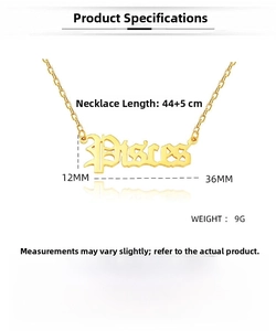 Detailed view of gold Pisces zodiac letter pendant in polished stainless steel finish