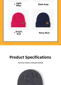 Detail of warm winter knit beanies with leather logo patch in various assorted colors
