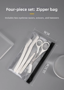 4-piece stainless steel eyebrow grooming set with scissors and tweezers in a PVC pouch