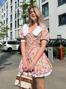 Floral Mini Dress Peter Pan Collar Lace Trim Puff Sleeve Button Down Ruffled Hem Sweet Summer Women