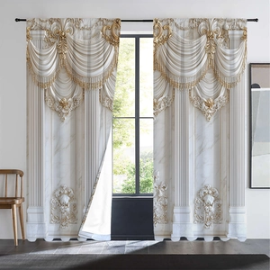 Detail of luxury marble pattern curtain with gold rococo embroidery and elegant tassels