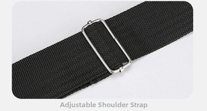 Detail of adjustable black nylon shoulder strap with a silver metal rectangular buckle