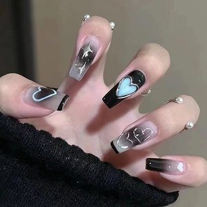 Long Coffin Press On Nails Black Grey Gradient Blue Heart Star Pattern Y2K Sweet Cool Style For Women Manicure With Glue