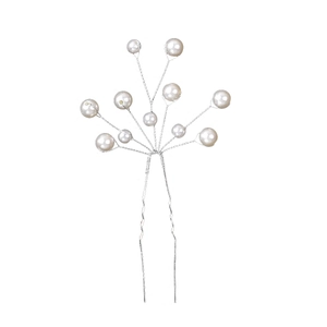 Elegant U-shaped bridal hair pin with silver wire and white faux pearls in a fan shape