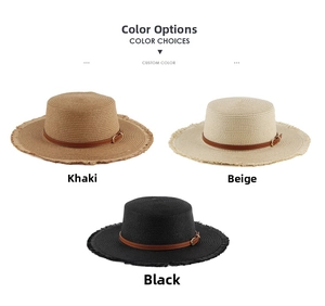 Flat top straw sun hats in khaki, beige, and black with leather straps and frayed brims
