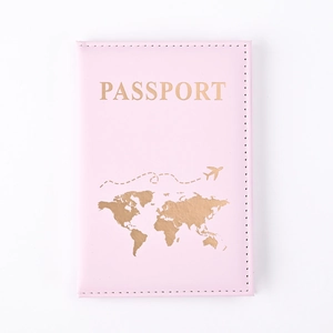 Pink PU leather passport holder with gold foil world map and airplane flight path design