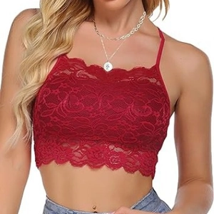 Seductive red lace camisole top with floral embroidery and eyelash trim detail