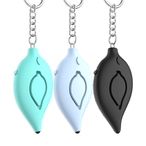 Leaf-shaped personal safety alarm keychain in mint green, light blue, and matte black colors