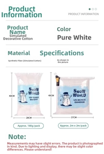 Detailed view of white artificial snow blanket specifications and sizes for decor