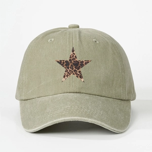 Vintage army green washed cotton baseball cap with leopard print star patch for outdoor wear
