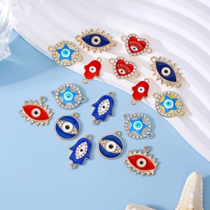 Evil eye and Hamsa hand alloy charms with colorful enamel and rhinestone detailing