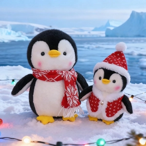 Christmas penguin plush toy set with red scarf and hat on snowy winter background