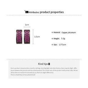 Detailed technical view of square copper earrings with magenta zircon 1.5x1cm size