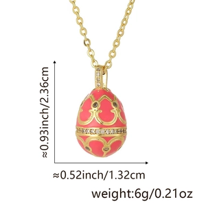 Detailed view of pink egg pendant with dimensions 0.93 x 0.52 inches and 18K gold plating
