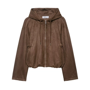 Women's dark brown faux suede hooded cropped jacket with elastic hem and zip front closure