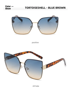 Detail of tortoiseshell cat-eye sunglasses with blue-brown gradient lenses and metal bridge