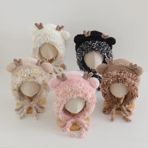 Plush faux mink fur kids earflap hat with cute antlers in multiple colors for winter