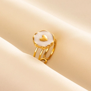 Minimalist gold 304 stainless steel heart ring with white enamel and adjustable open band