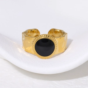 Vintage 18K gold plated titanium steel open ring with black enamel and hammered texture