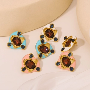 Vintage Irregular Geometric Stud Earrings 18K Gold Plated Stainless Steel Waterproof Red Blue Zircon Enamel For Women