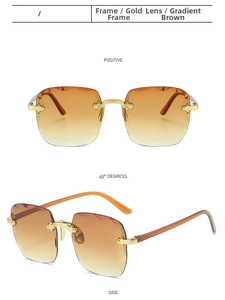 Three views of rimless square sunglasses with gold metal bridge and gradient tea lenses