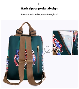 Detail view of the secure anti-theft back pocket on the ethnic print green backpack