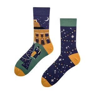 Cartoon mismatched crew socks with yellow and navy blue jacquard landscape patterns