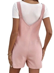 Rear view of pink maternity overalls with V-back design over a white t-shirt