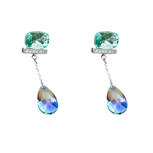 Silver needle drop earrings with green zircon and gradient purple crystal tassels