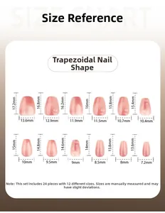 Size chart showing 24pcs trapezoid press-on nails in 12 different dimensions and lengths