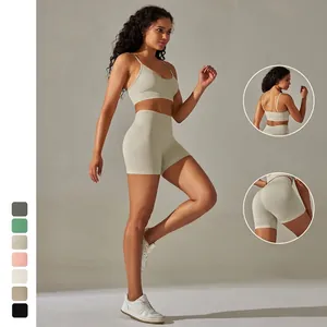 Damen Nahtloses Geripptes Yoga-Outfit Spaghettiträger Sport-Bh High Waist Radlerhose Activewear Top Und Bottom Fitness