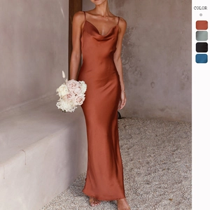Women Satin Maxi Dress Cowl Neck Spaghetti Strap Backless Satiny Evening Party Slim Fit Elegant Long Gown