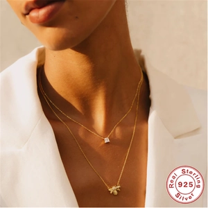 925 sterling silver layered necklace with square zircon and honey bee pendant charms